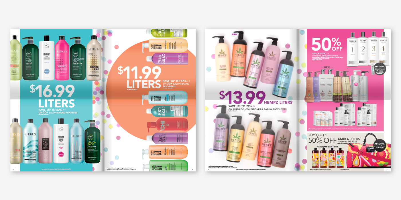 Direct mail haircare beauty photo styling promotional campaign confetti store signage pos