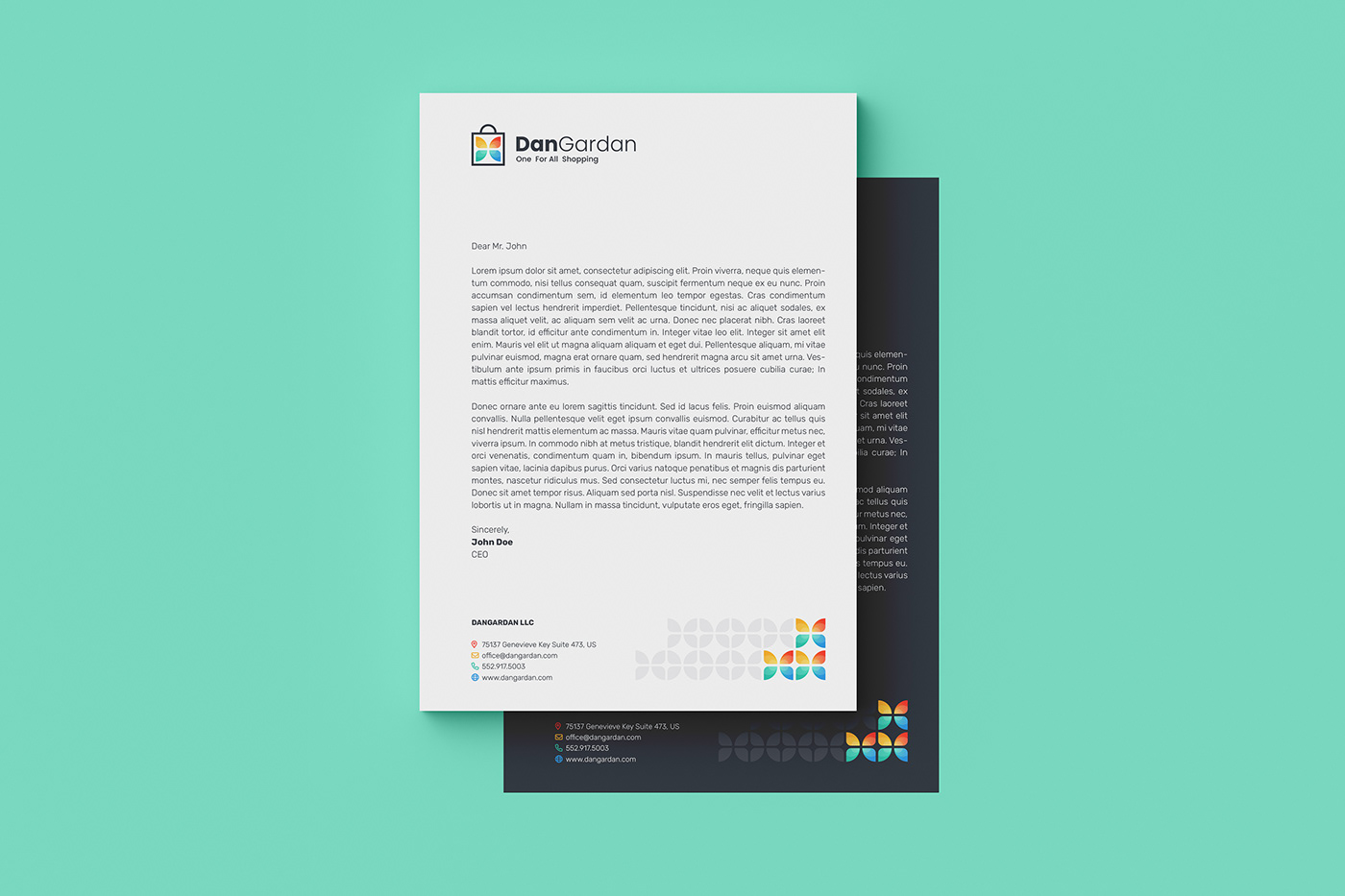 A4 Letterhead Mock-up in a top view, on a turquoise background.