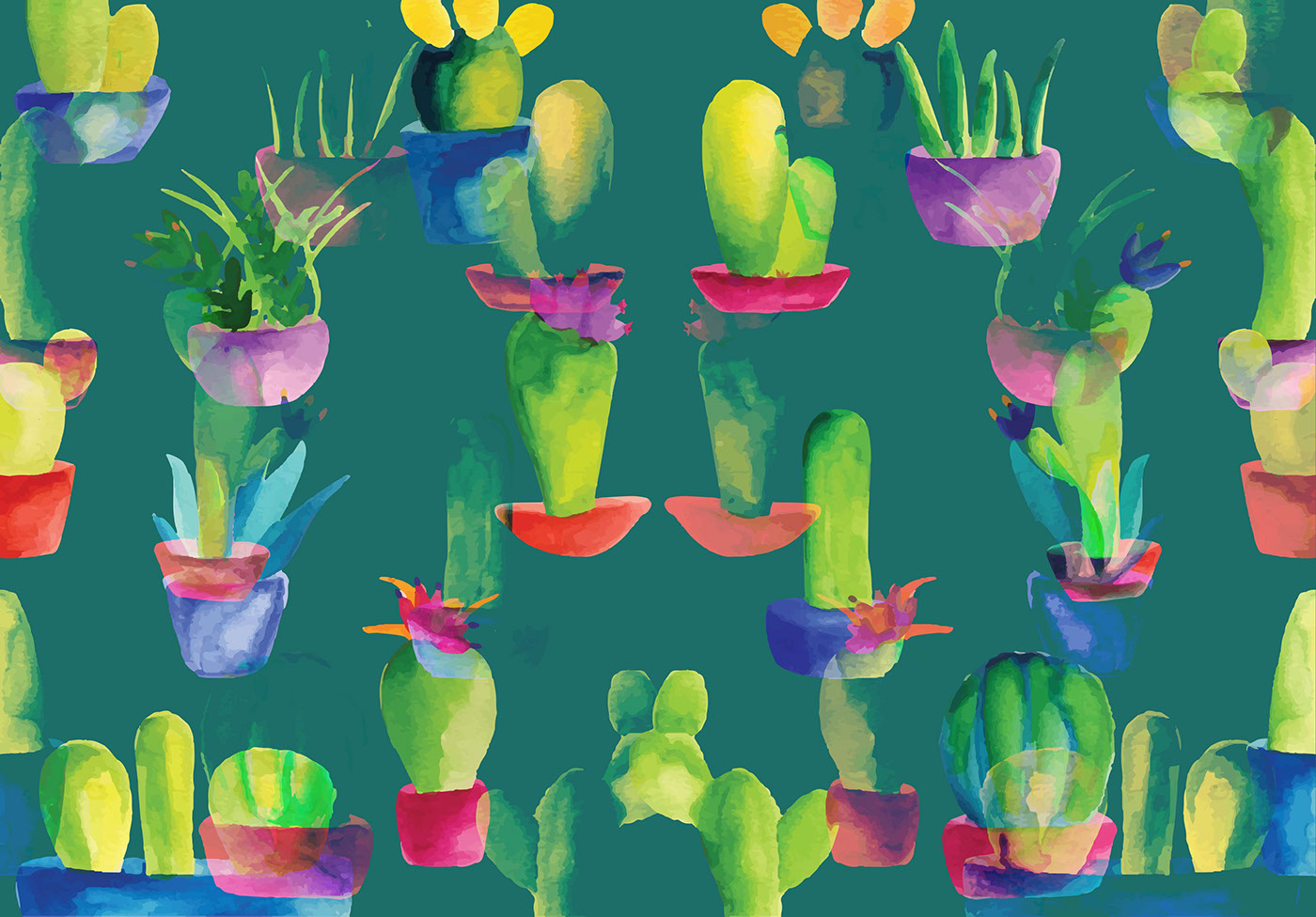 Tropical photoshop summer Textiles watercolor leaves cactus Drawing  ILLUSTRATION  graphics
