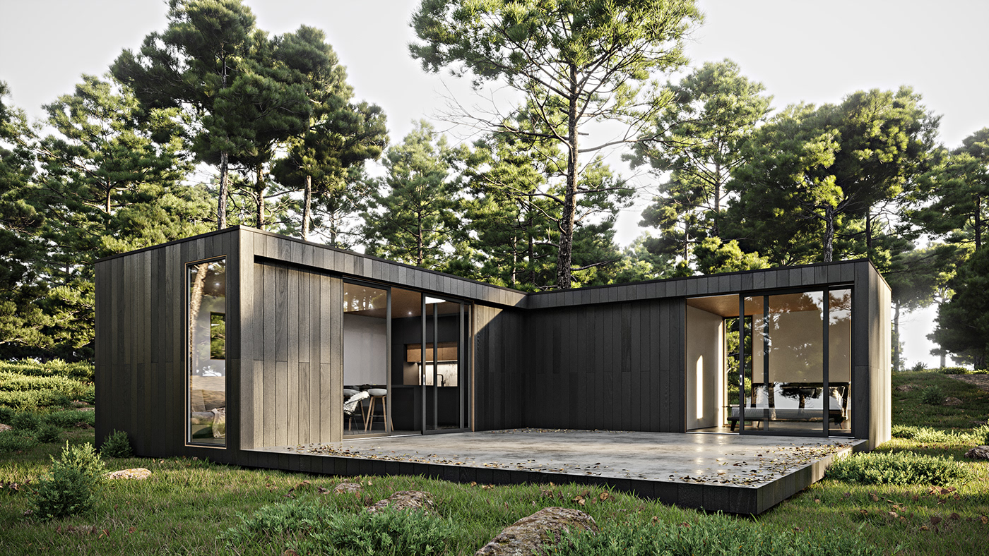 coronarenderer exterior Interior forest sunset house wood modern design 3ds max