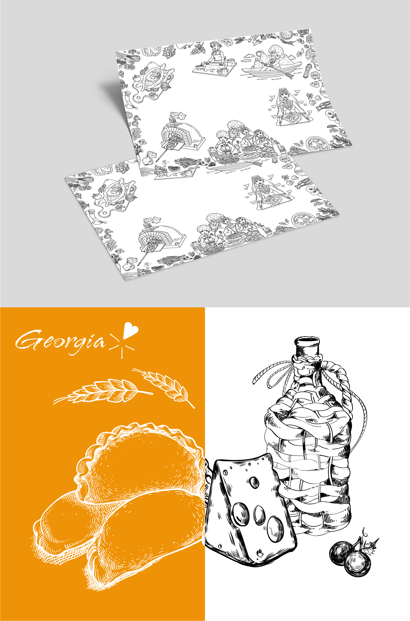 Разработка иллюстраций для упаковки хачапури 
ресторана грузинской кухни "Джо-Джо".