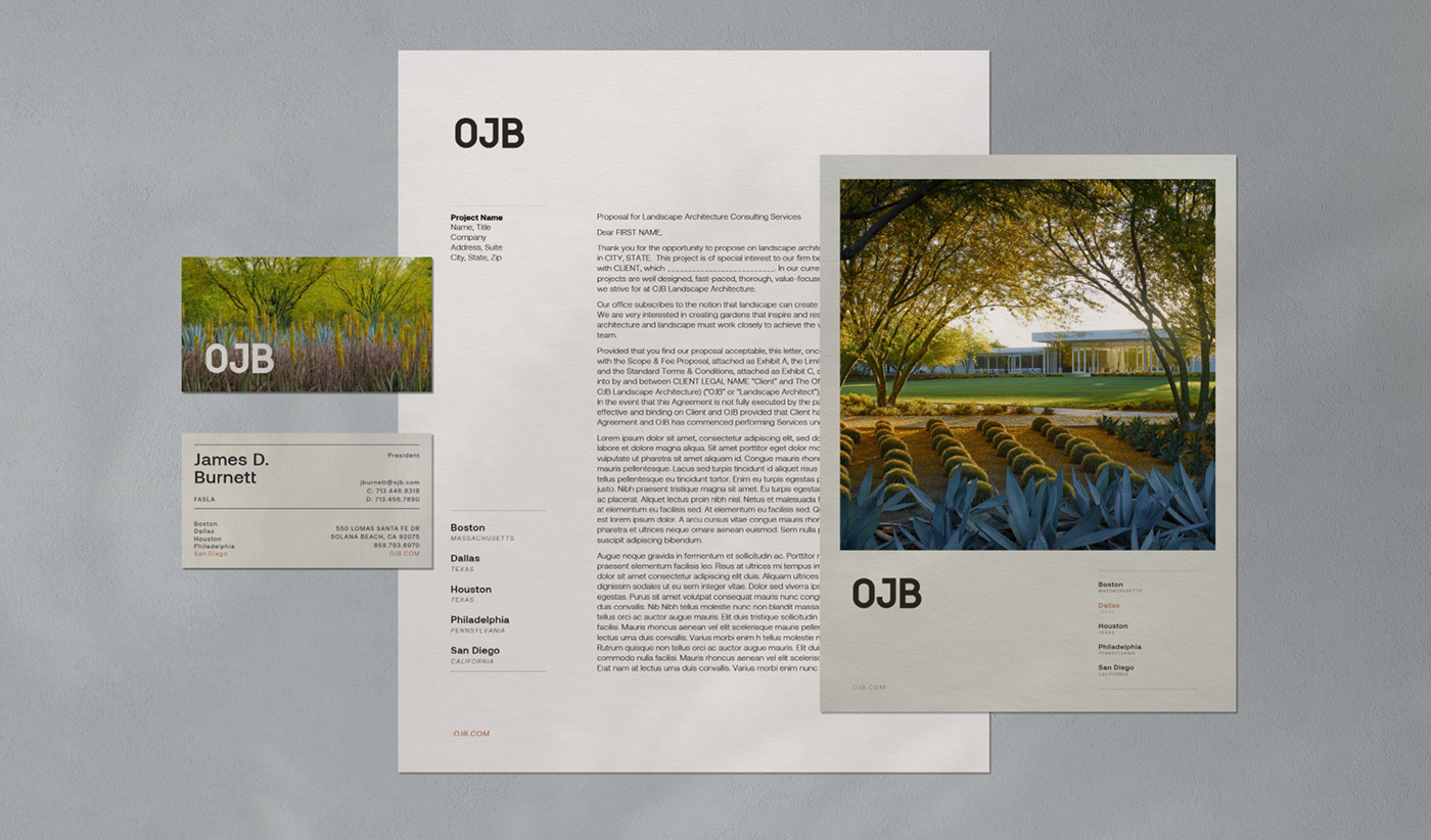 Stationery design for OJB Landscape Architects wit grey background
