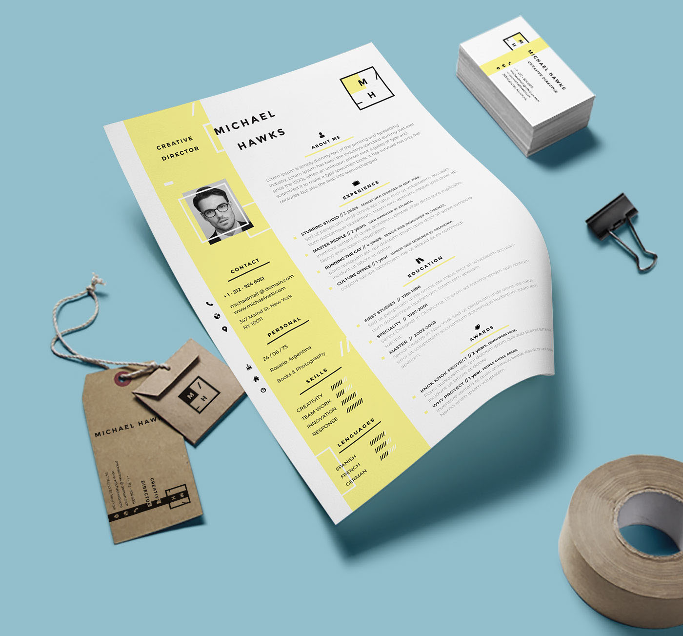 Resume CV free set Pack personal cards yellow portfolio cover letter download typographic unisex editable elegant