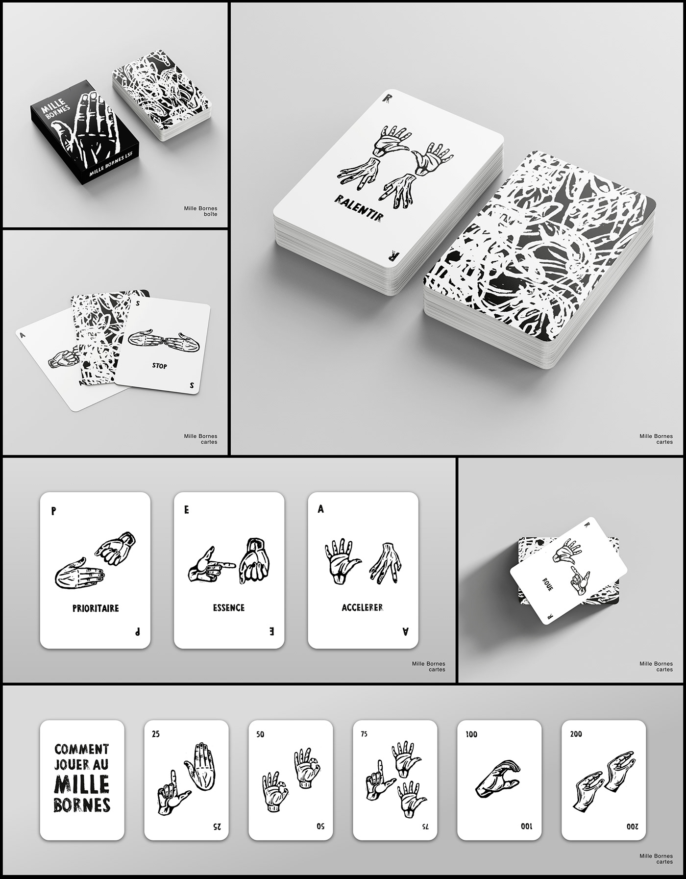 game ILLUSTRATION  jeu langage des signes linogravure LSF mille bornes black and white hands Mains