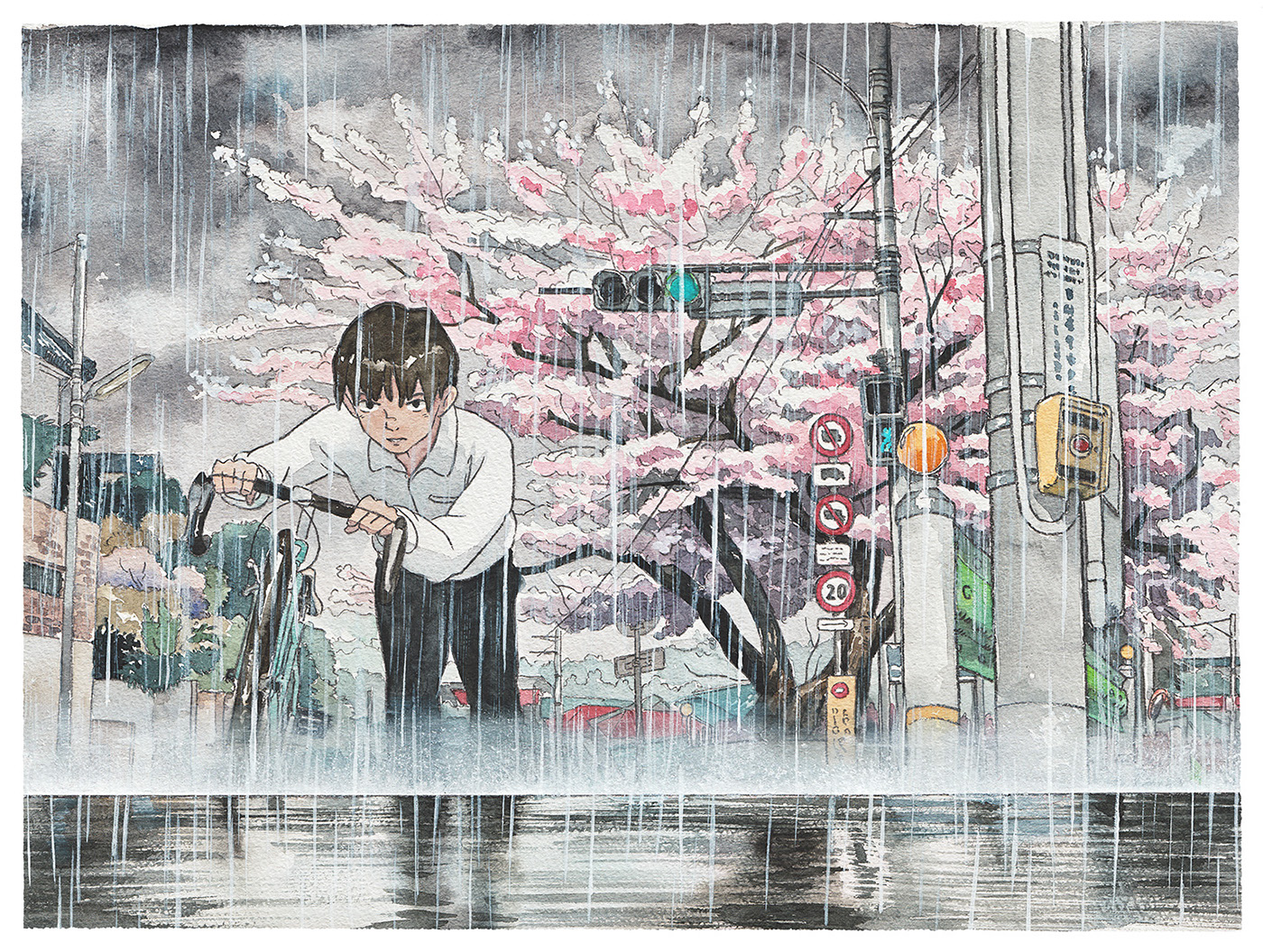 Adobe Portfolio boy Bicycle japan tokyo miyazaki Ghibli Watercolours watercolors analog hand Painted