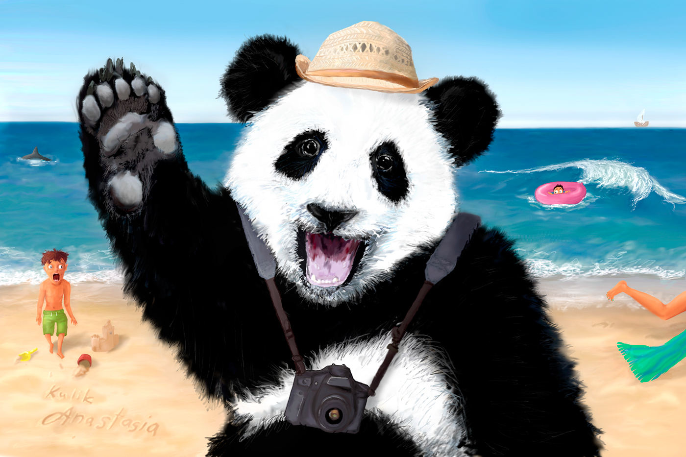 Panda  vacation tourist boy beach sand commotion humor