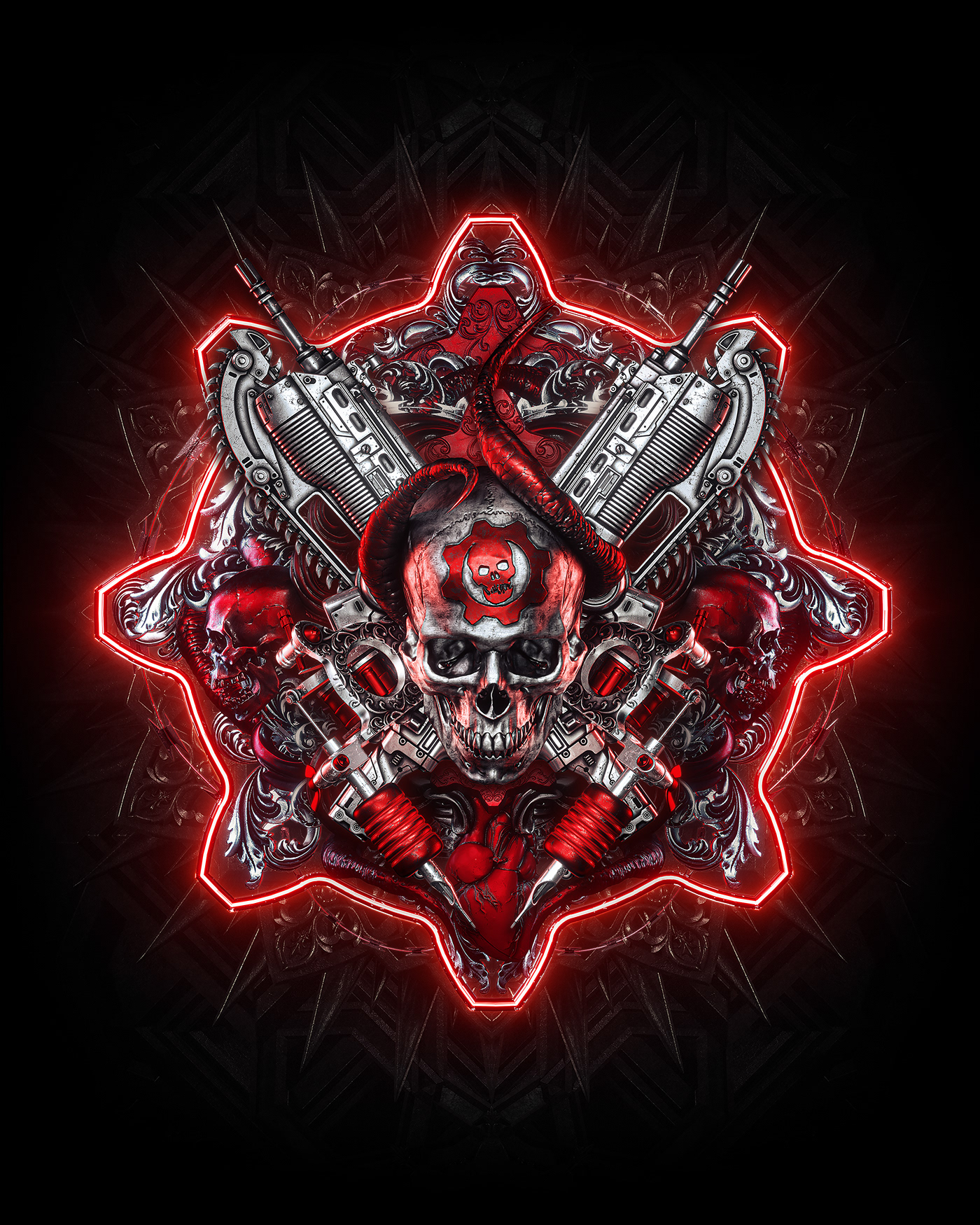 billelis xbox Gears of War gears ink tattoo lancer video game skull neon ILLUSTRATION 