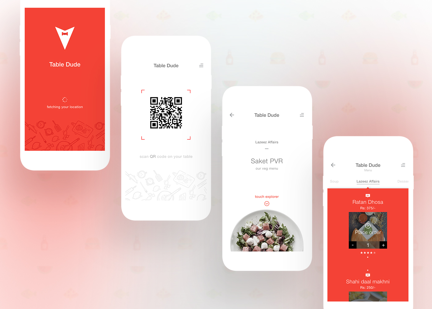 restaurant app design Mobile app QR scan UI/UX location food app Design Concepts table dude application