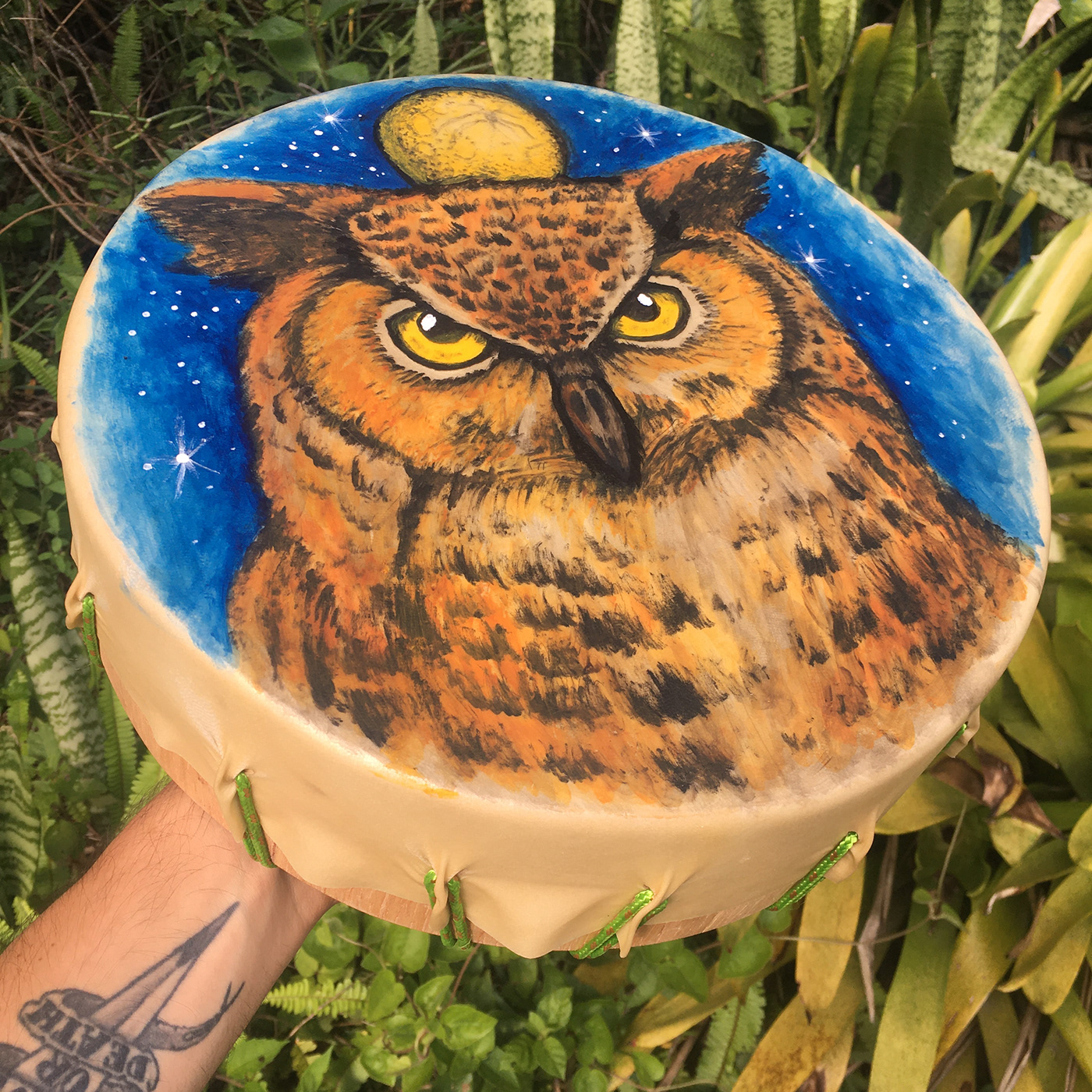 owl acrylic painting drummer drums ancestral Coruja shaman indigenous Native Tambor
