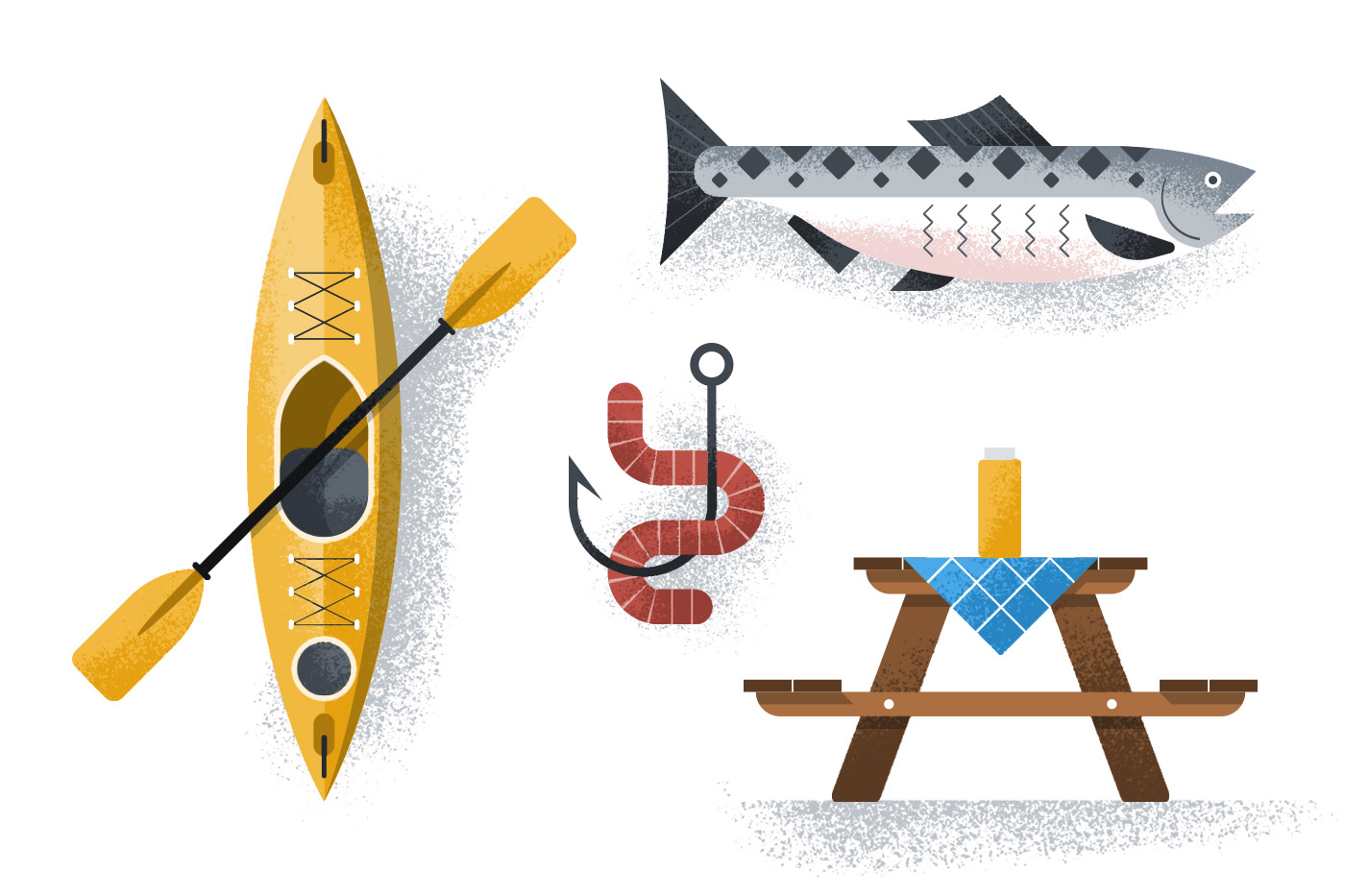 Illustrated icons of fishing, kayaking, salmon and outdoor activities by Adrian Bauer