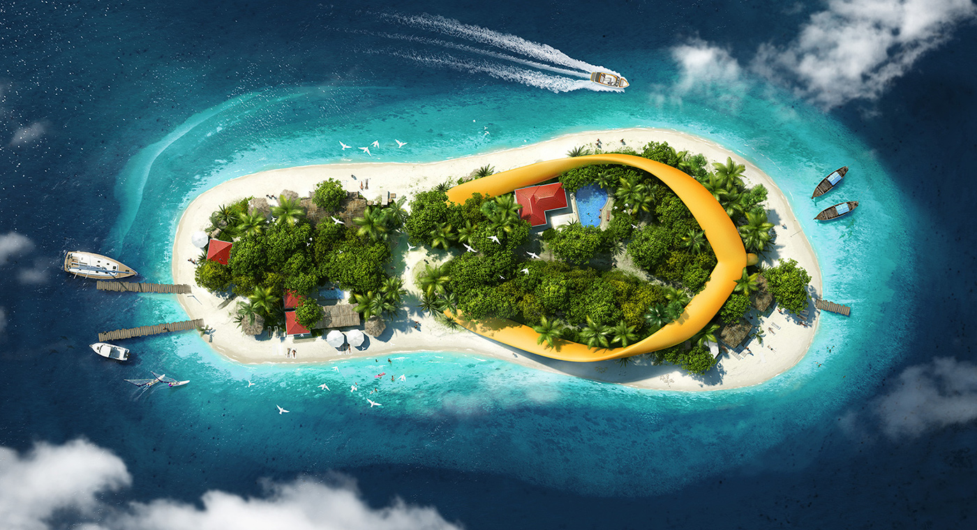 flip flop visuals photo manipulation Island top view Pool swimming 3D Render shade Holiday Travel