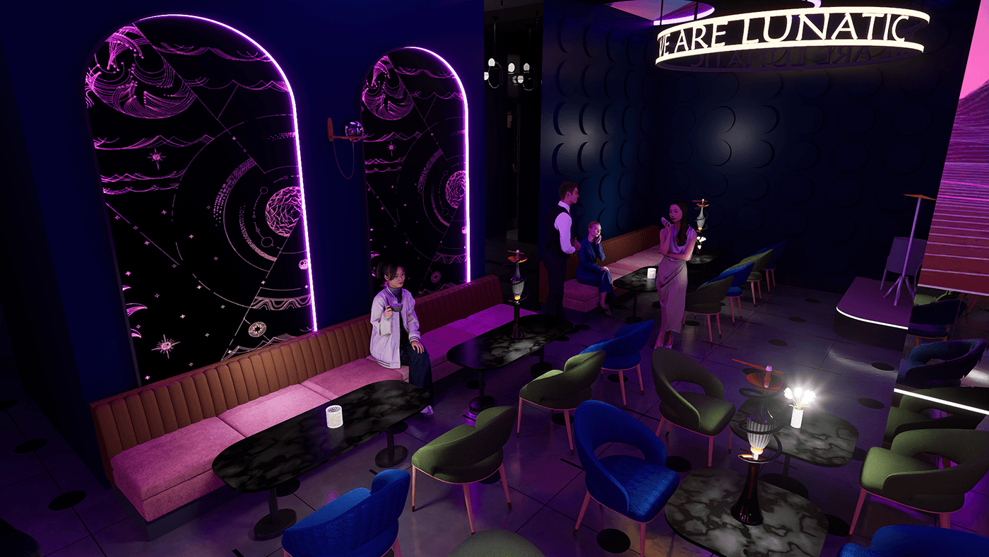 3D Render architecture Interior hotel moon neon 3d modeling visualization rendering