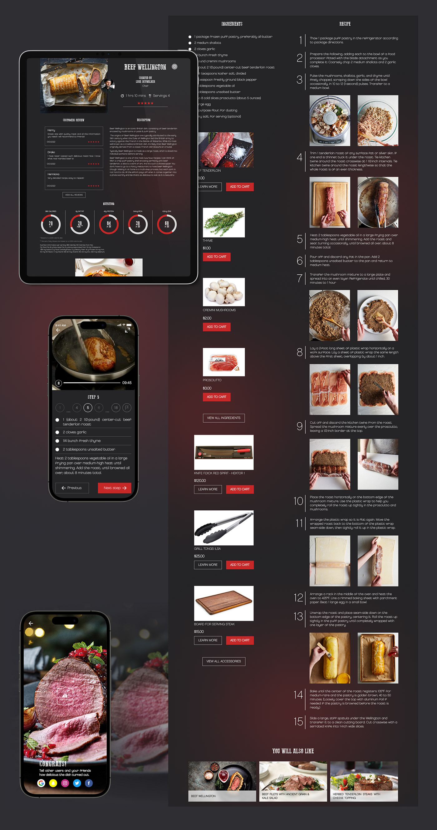Ecommerce Figma Food  meat recipe research steak UI/UX ux Web Design 