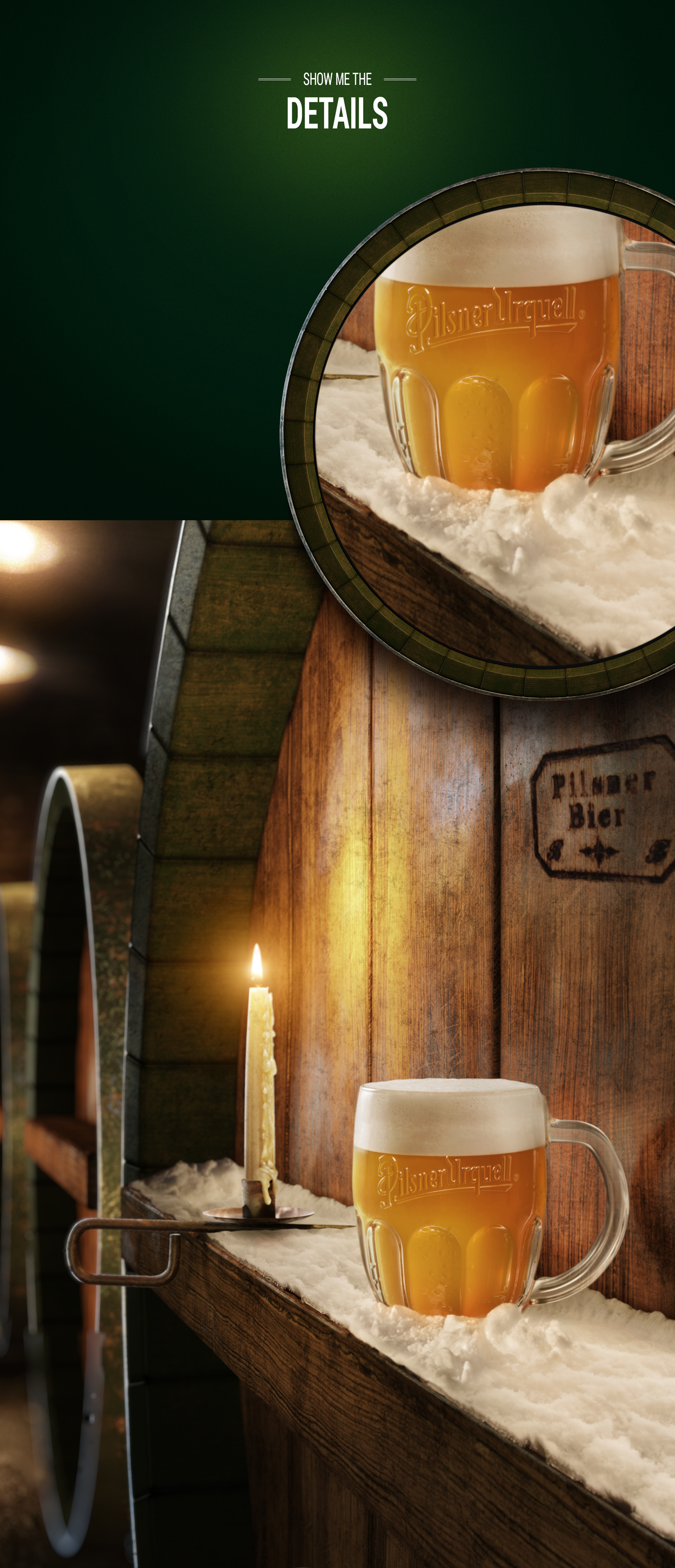 pilsner urquell beer snow barrel candle Christmas CGI product 3D