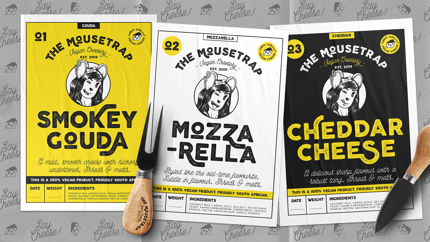 Various labels for the mousetrap vegan cheesery