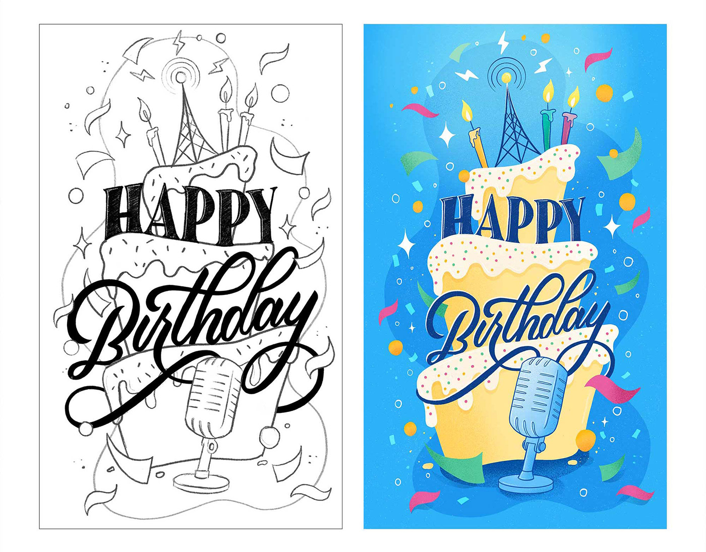 Sketch and color version of lettering and illustration with a cake and radio tower and confetti