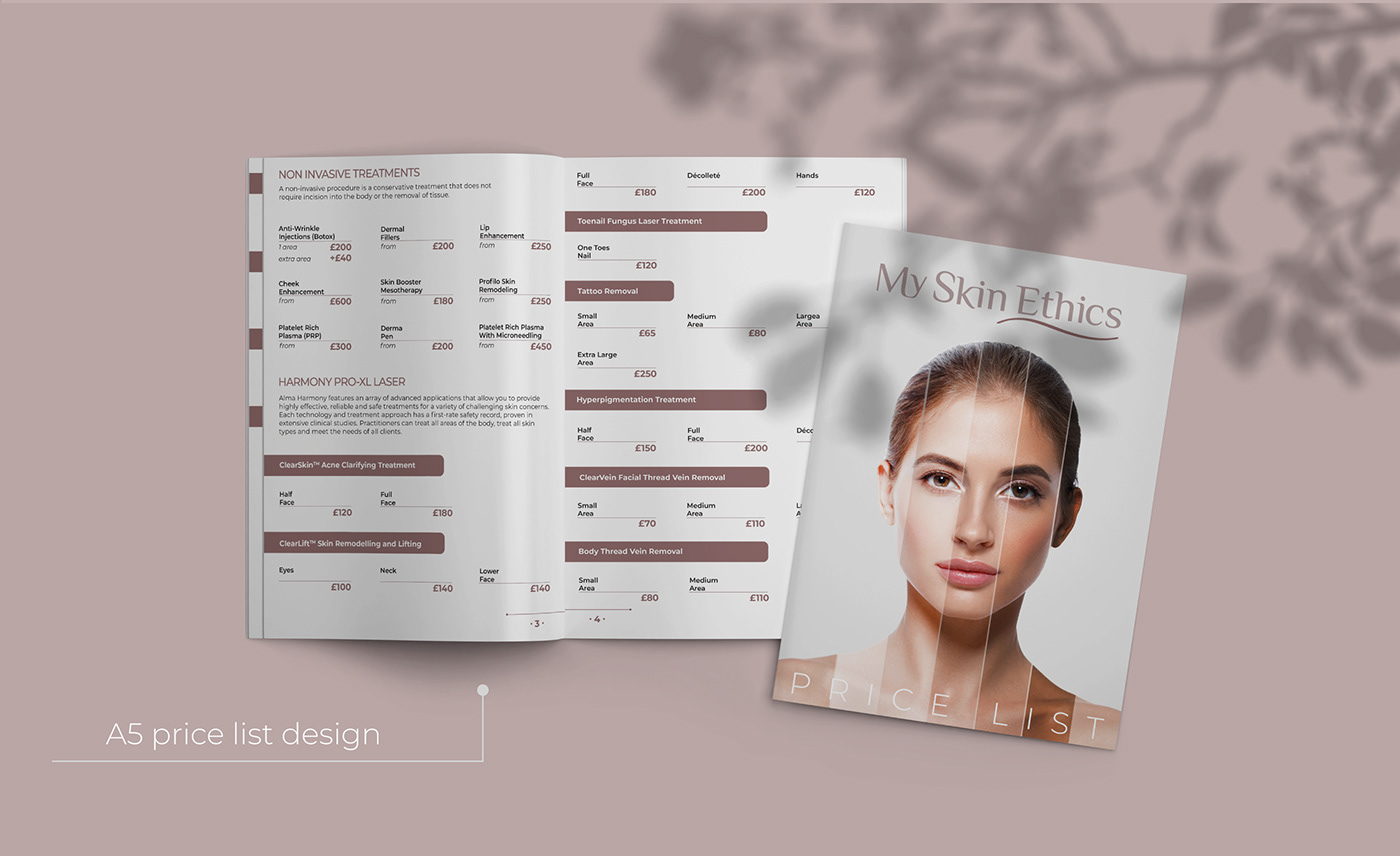price list made for skin care clinic with branding guide lines