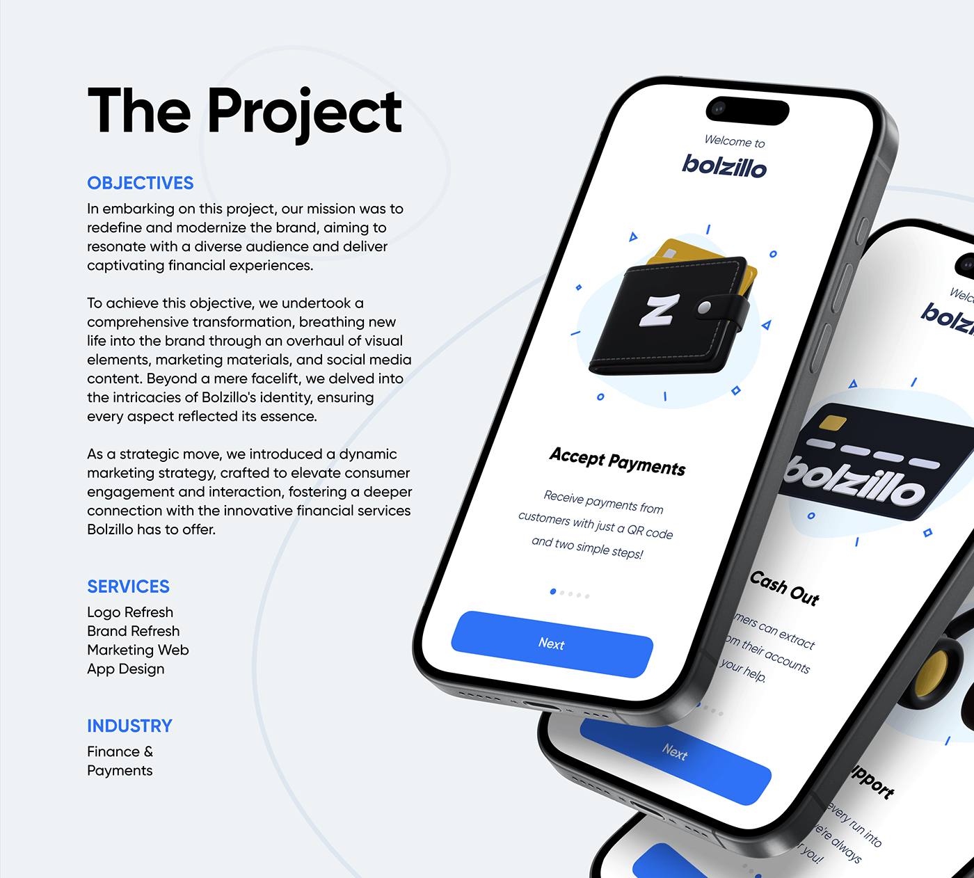 Bolzillo app visuals, bank card illustrations, e-wallet UI, and description of services and industry