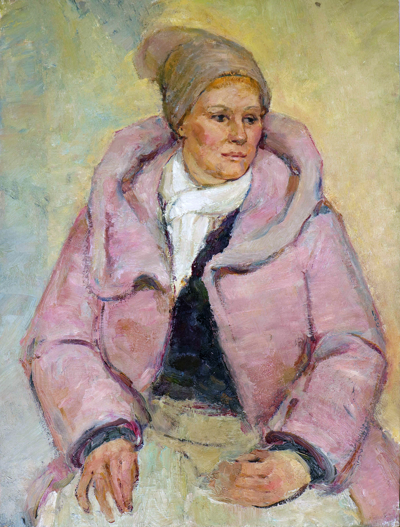 woman coat winter academy artwork sitting