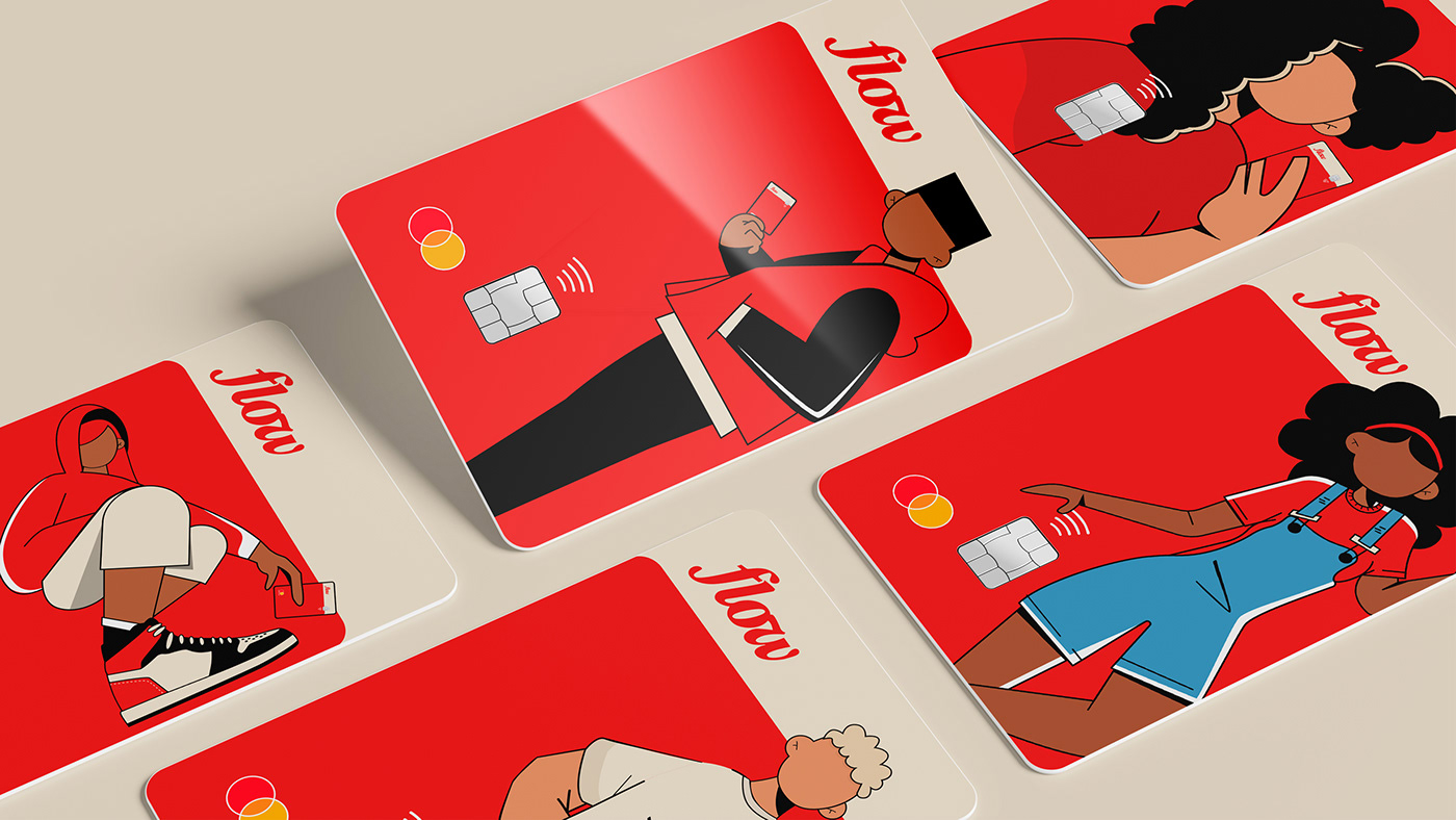 Red credit card adorned with various creative illustrations