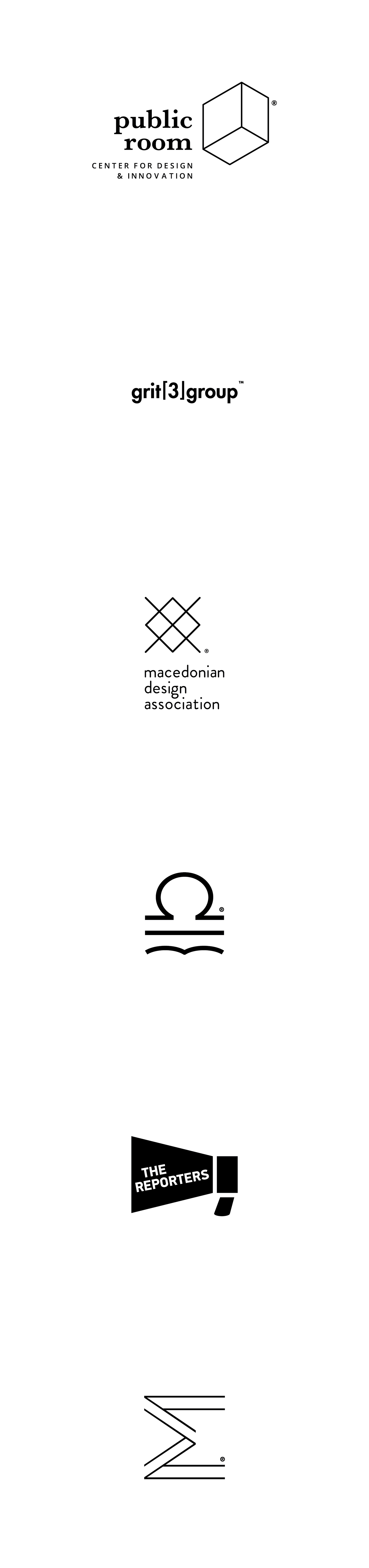 logo grit3group macedoniandesignassociation publicroom sigmamedia ethicscouncil thereporters black White minimal design