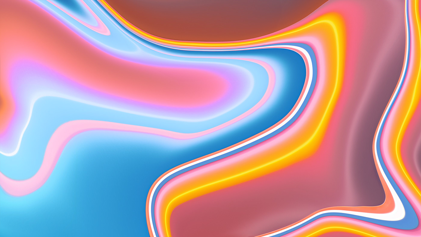 Colorful abstract painting of wavy pastel shades of pink, electric blue, orange in motion.