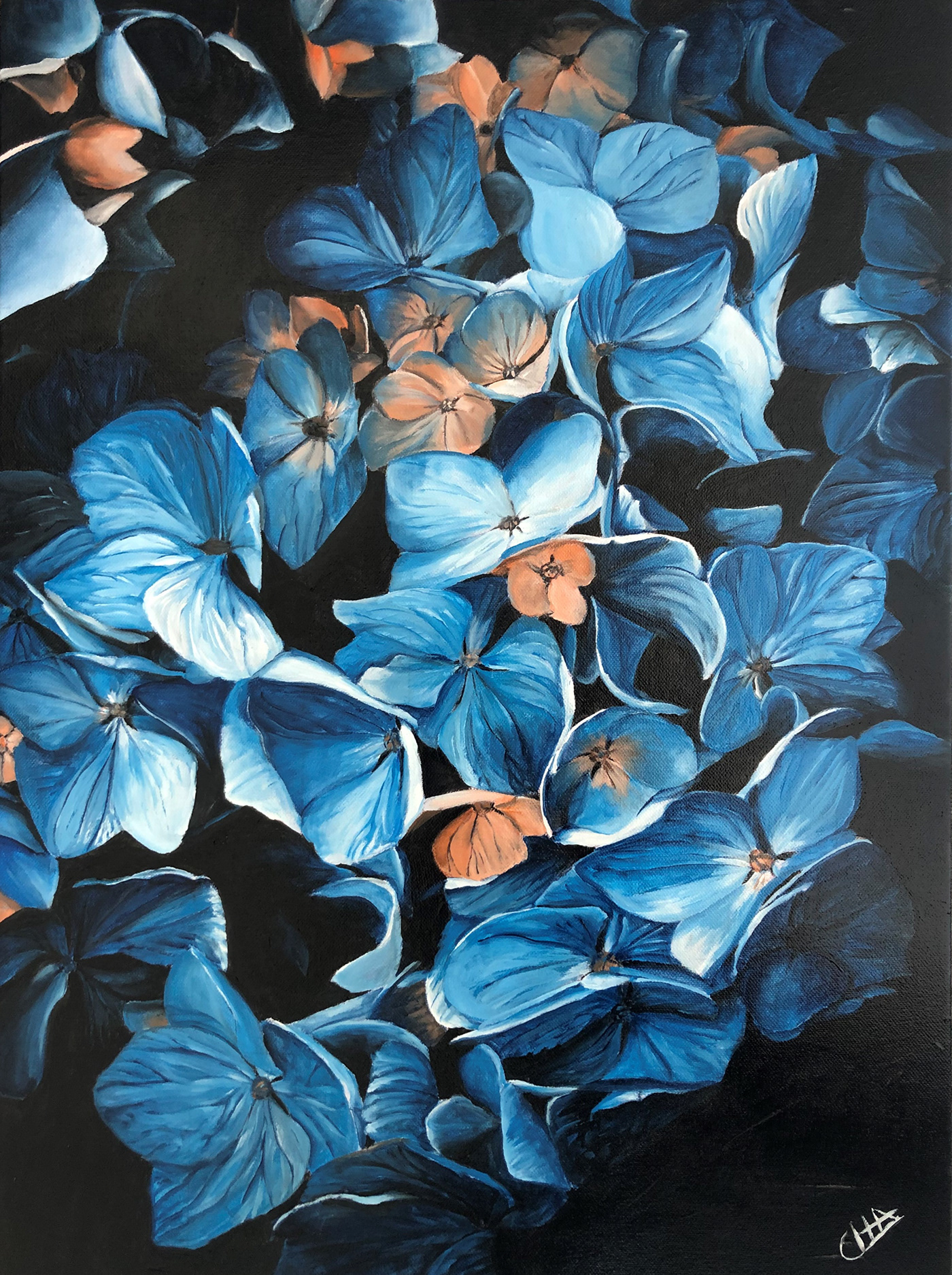 artiste peintre contraste des couleurs peinture acrylique peinture détails peinture fleurs peinture hortensias peinture sur toile tableau coloré tableau fait main tableau unique