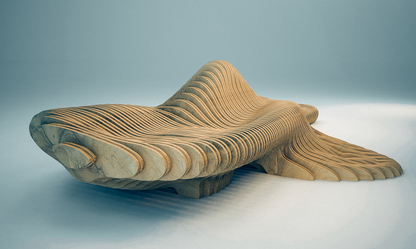 Grasshopper parametric furniture curvilign bench Metaball whale shark fluidity visualization GH script design Interior sitting plywood