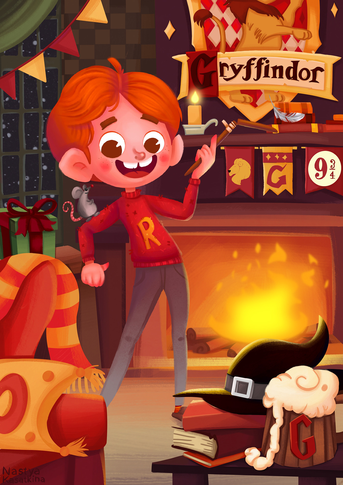Ron Weasley is bright and cheerful. I drew it in the Gryffindor common room 
next to the fireplace.