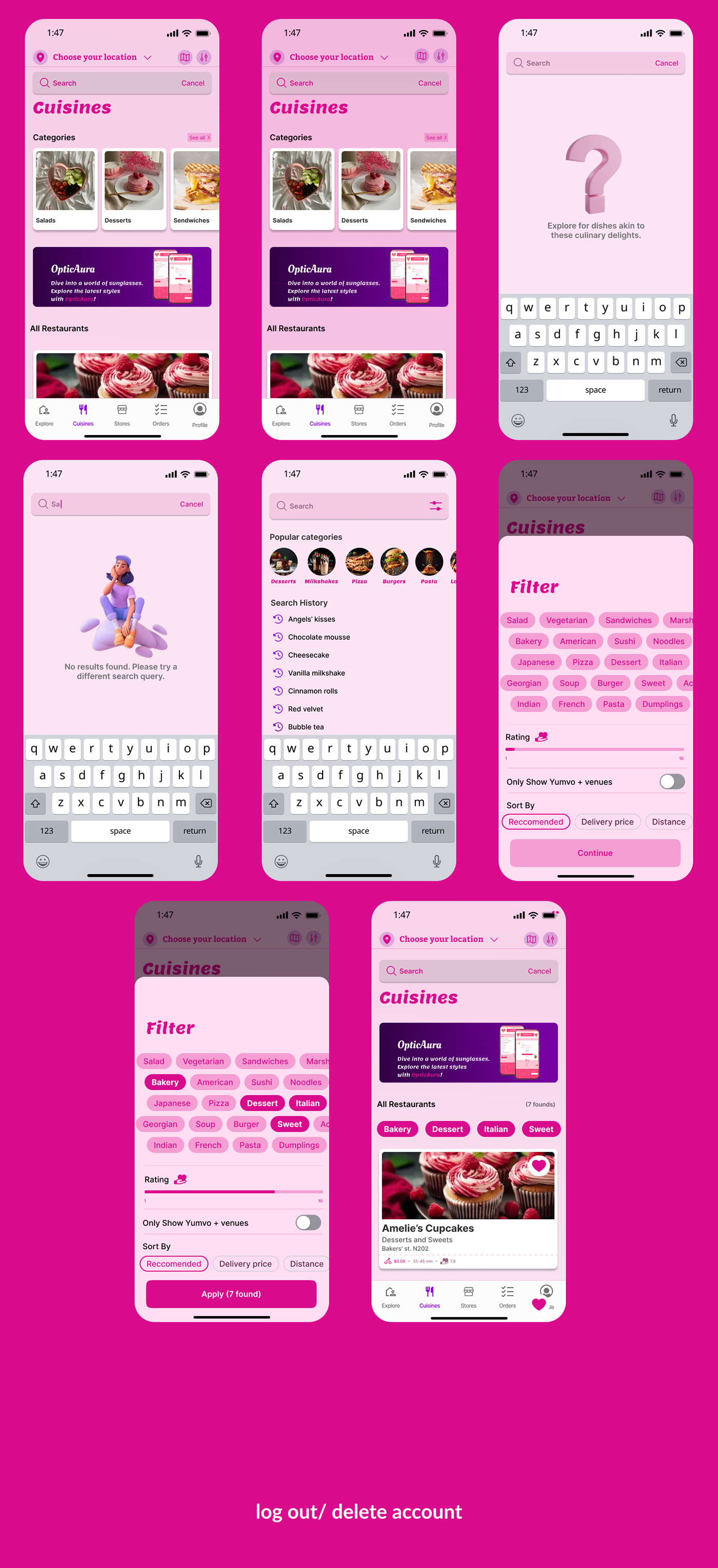 ui ux junior pink purple Mobile app ios Food  delivery concept Figma