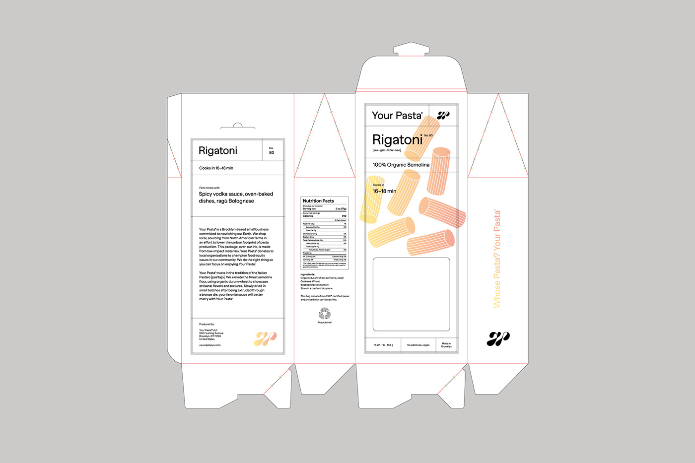 Flat dieline of pasta packaging box with artwork applied