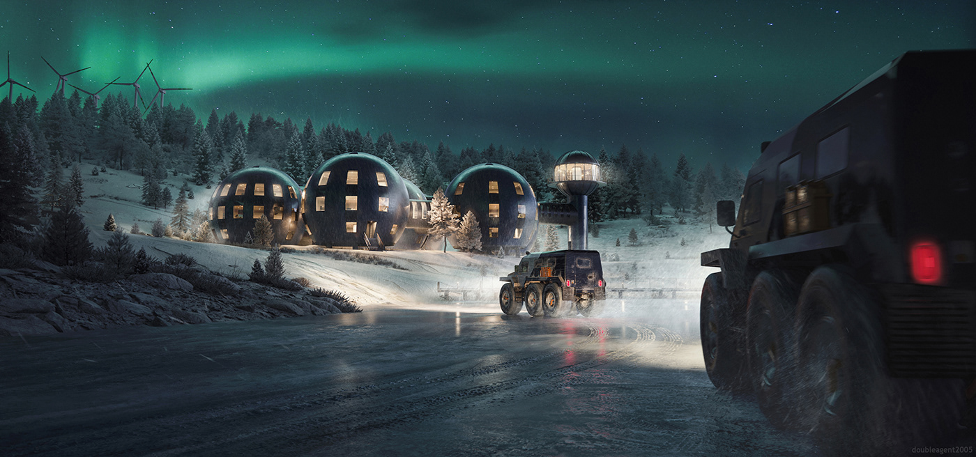 exterior night Northern Lights polar taiga corona conceptart sci-fi snow Retro
