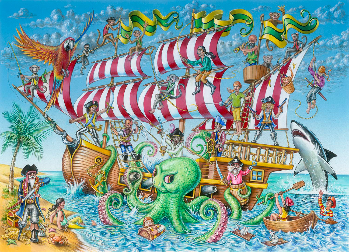 fun colourful illustration of pirates ; monkeys. Designed for use as a jigsaw puzzle