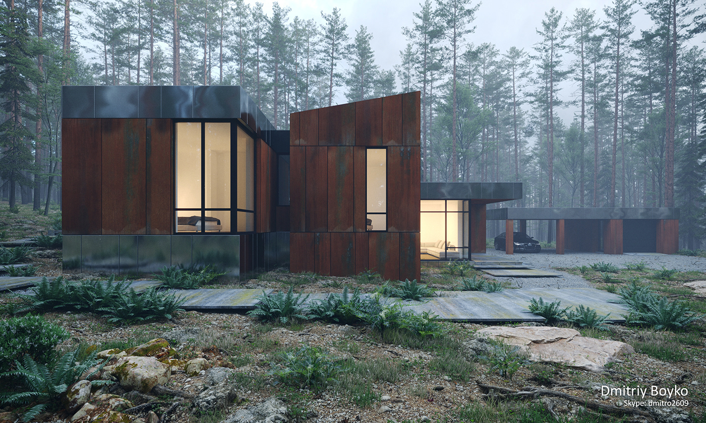 house house in forest 3D Visualization exterior visualization exterior cgi Exterior Render Corten кортен визуализация дом
