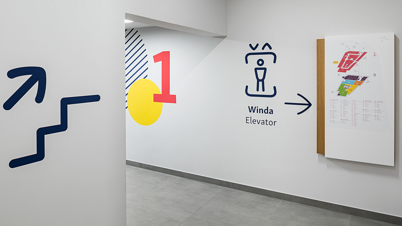 wayfinding Signage environmental icons pictograms Wall Graphics Geometrical colorfull minimal wood