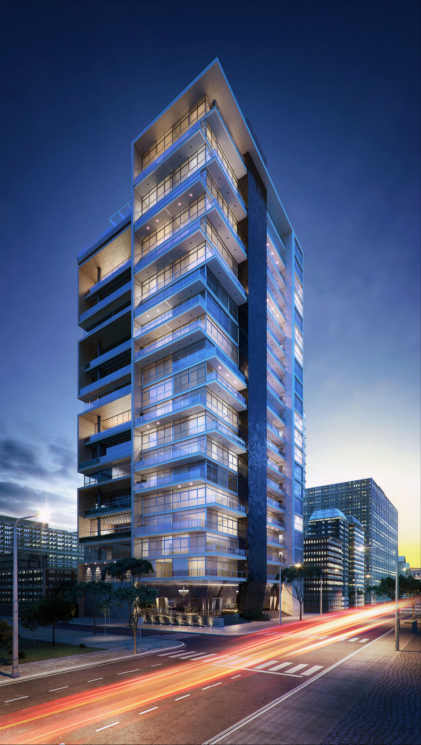 tower building mixed use Lobby exterior DUSK blue hour light trails