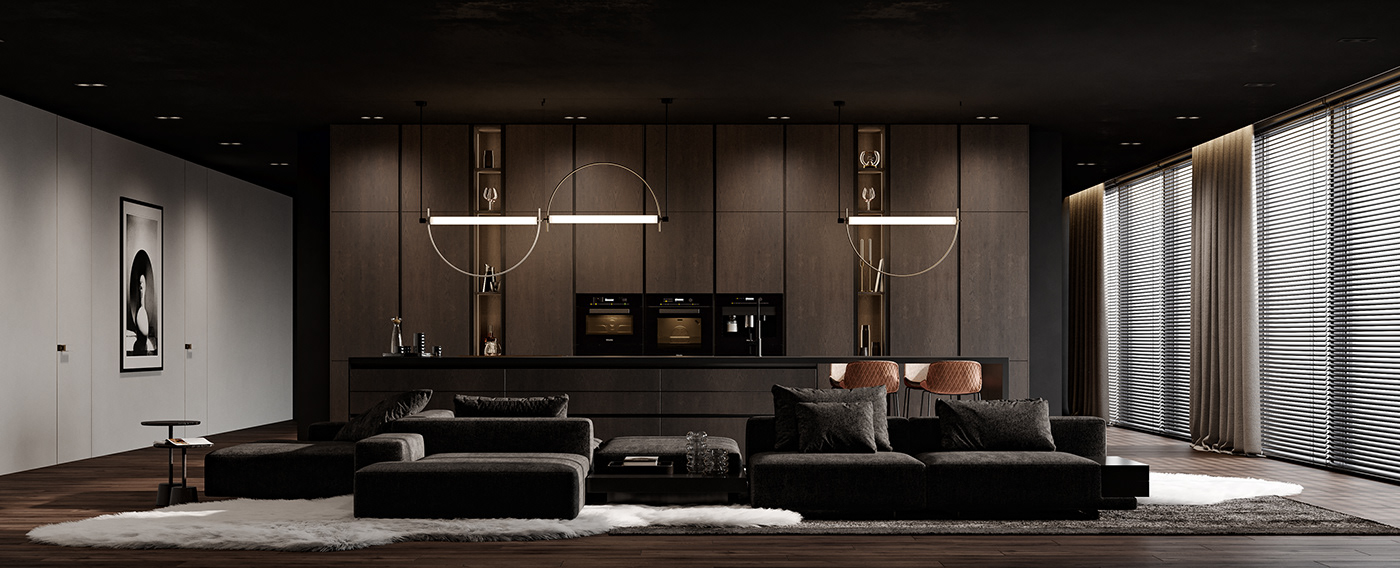 architecture furniture Interior interior design  kitchen light Render studio visualization wood
