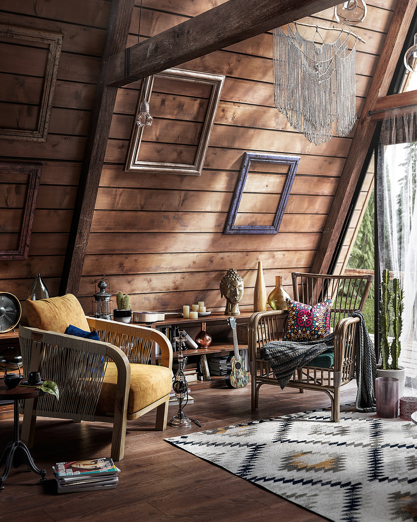 3D 3dsmax architecturevisualization archvis boho CGI interiorvisualization livingroom Nature woodinterior
