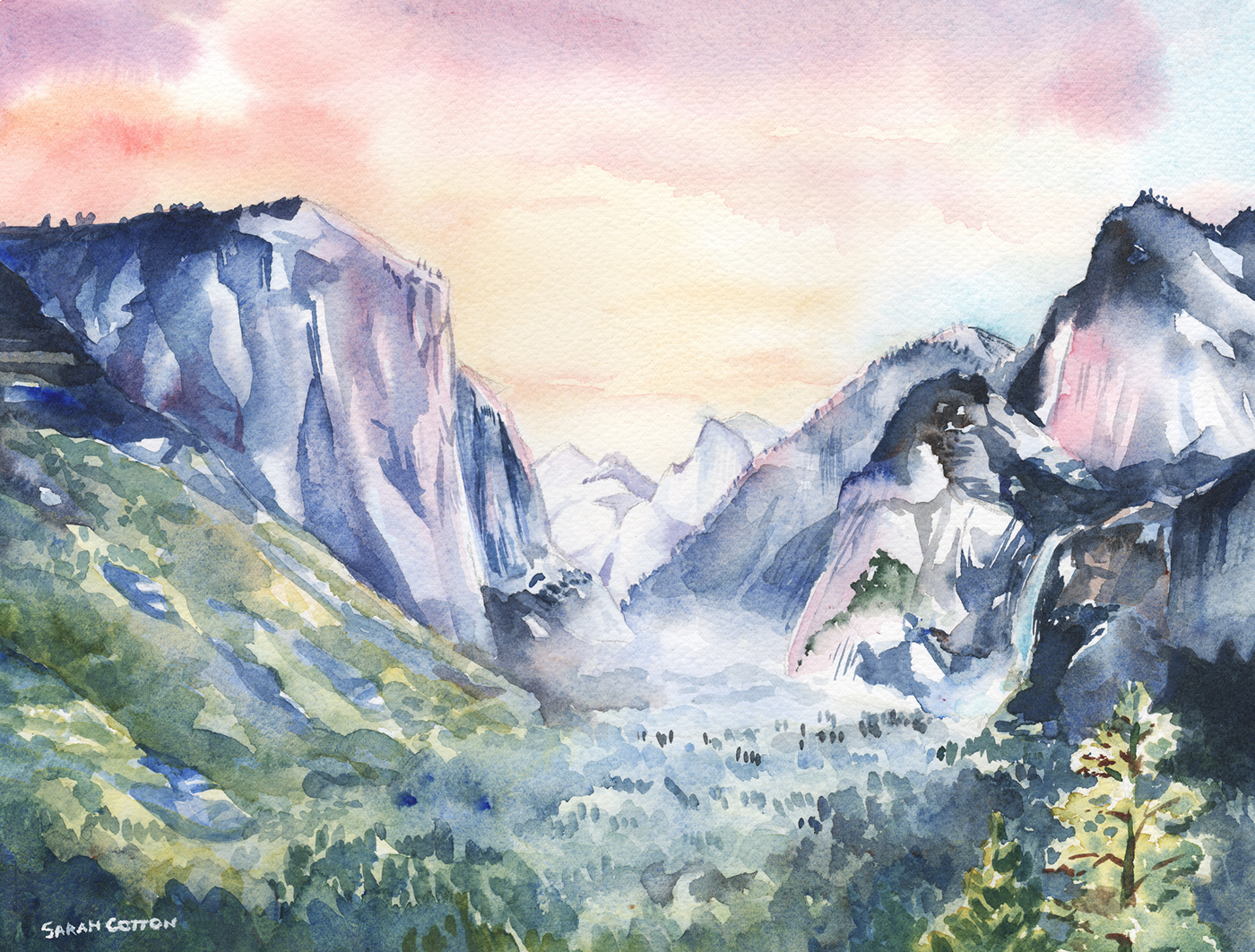 yosemite watercolor Landscape painting   mountains National Park