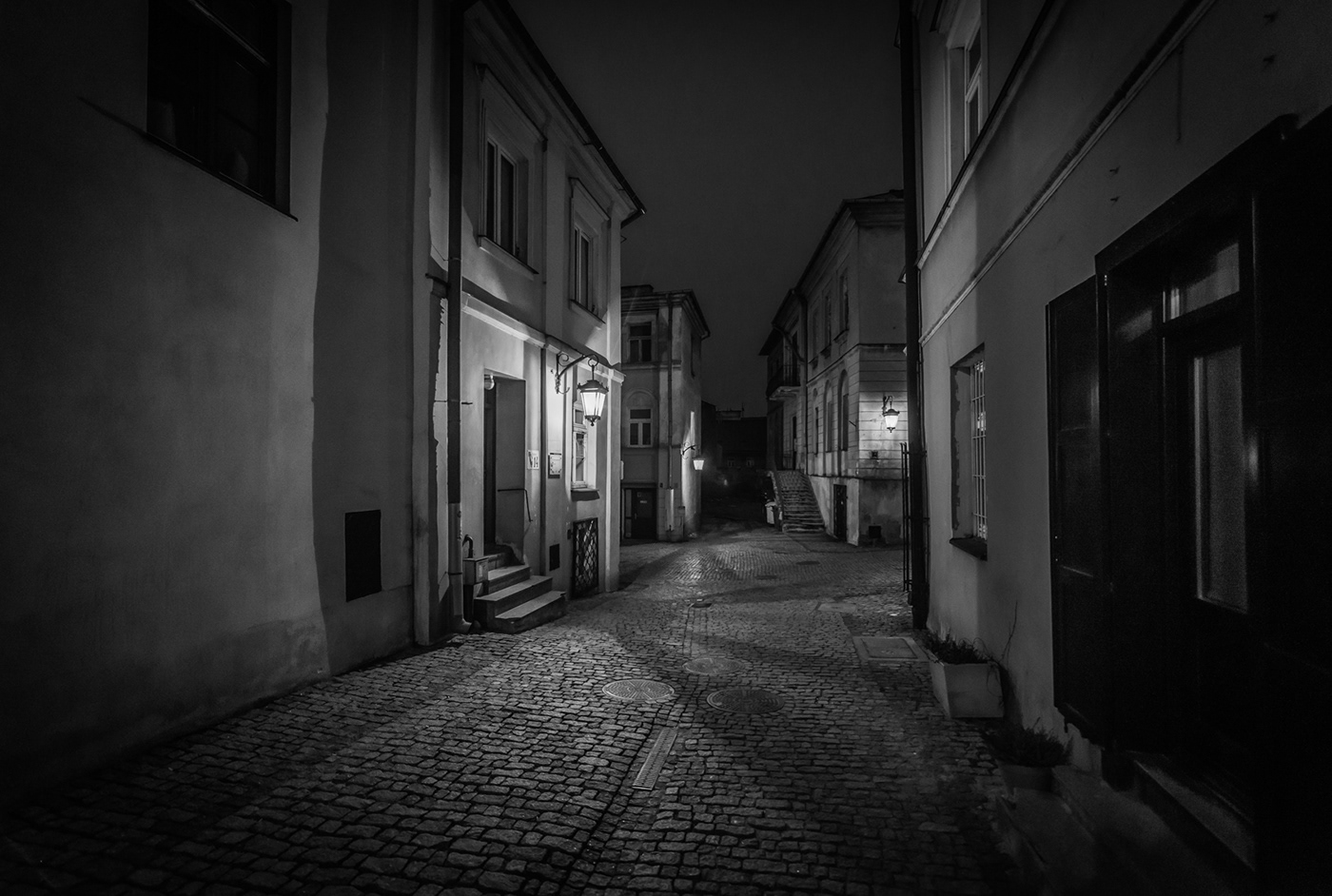 black and white street photography city Urban architecture night light Street lublin