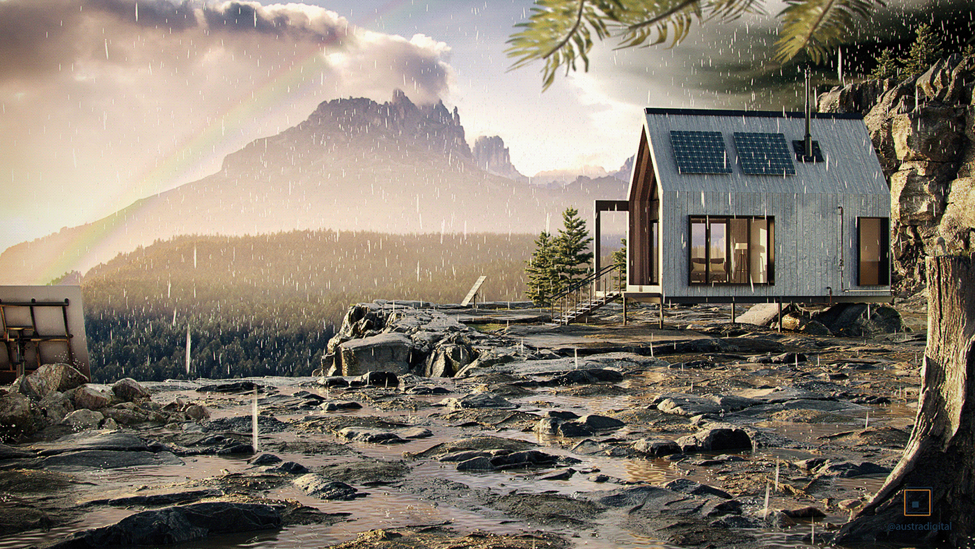 cabin CGI forest mountain paradise rain raiwbon rock