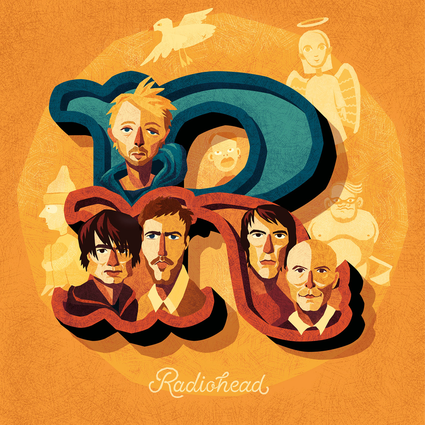 Decorative capital letter R with caricatures of the band Radiohead