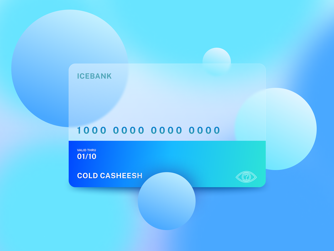 An icy blue frosted glass credit card with light pastel bubbles surrounding it!
