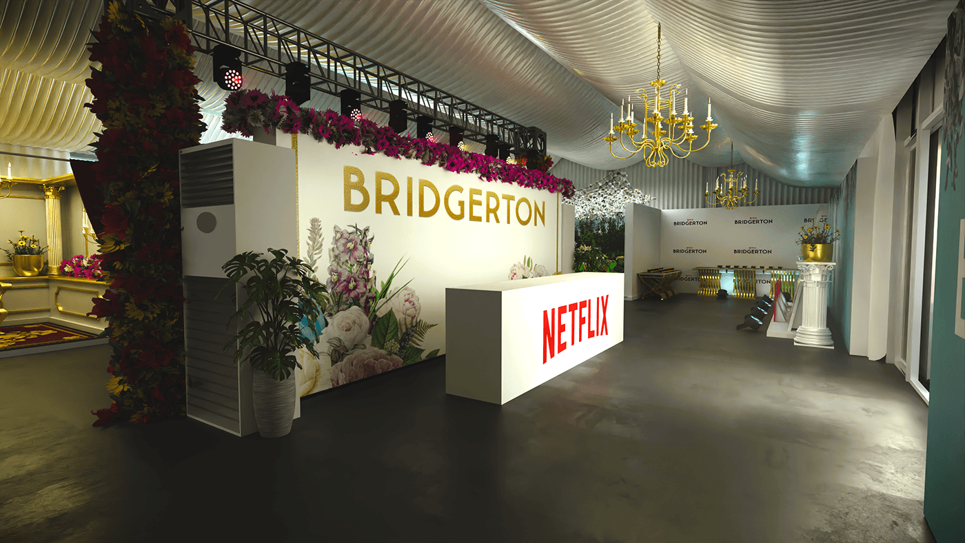 Bridgerton marquee vintage movie Netflix Outdoor activation Flowers series