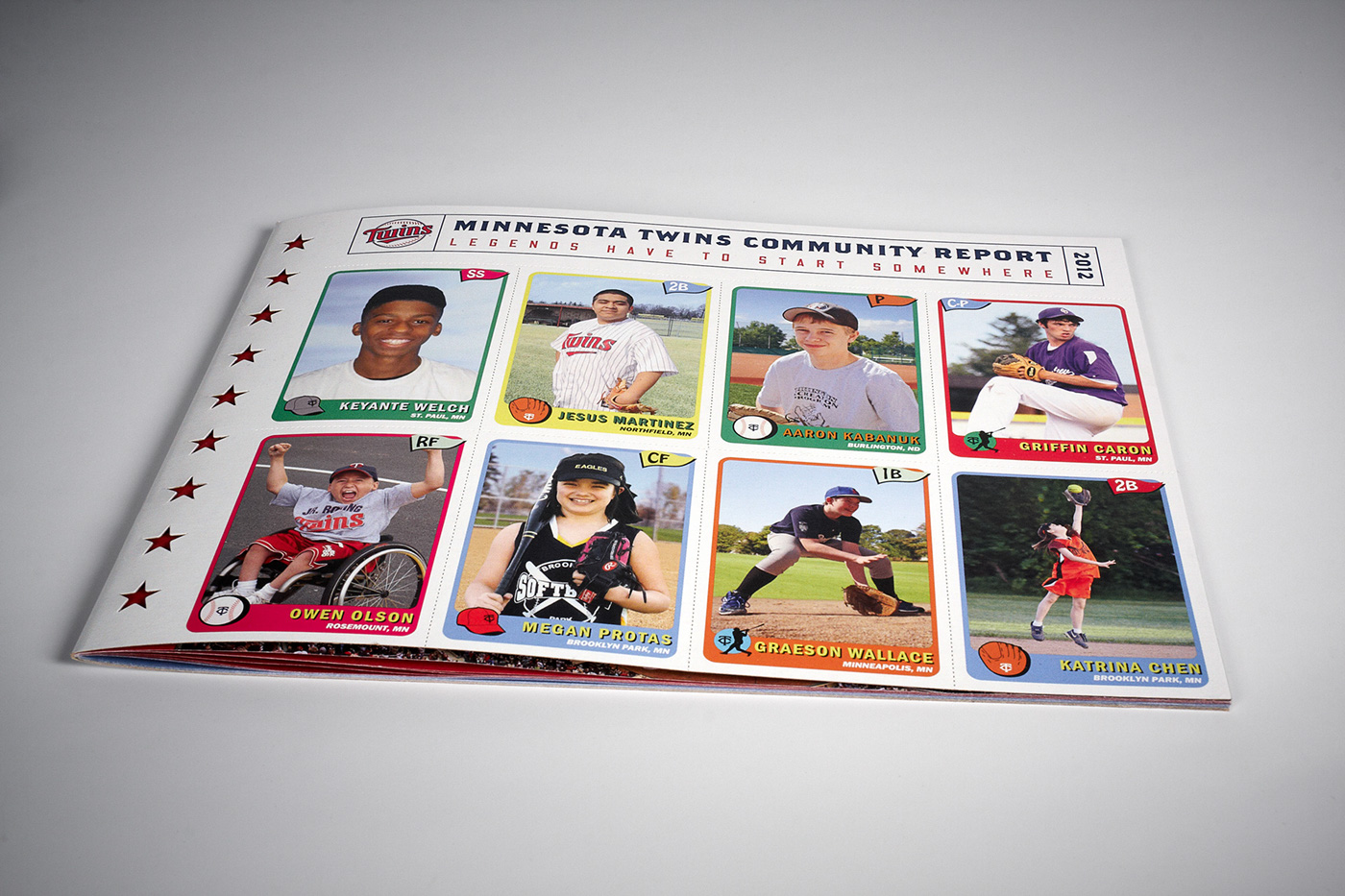 Layout minnesota Twins MN Twins baseball cards die cut non-profit brochure Fund ProBono annual report