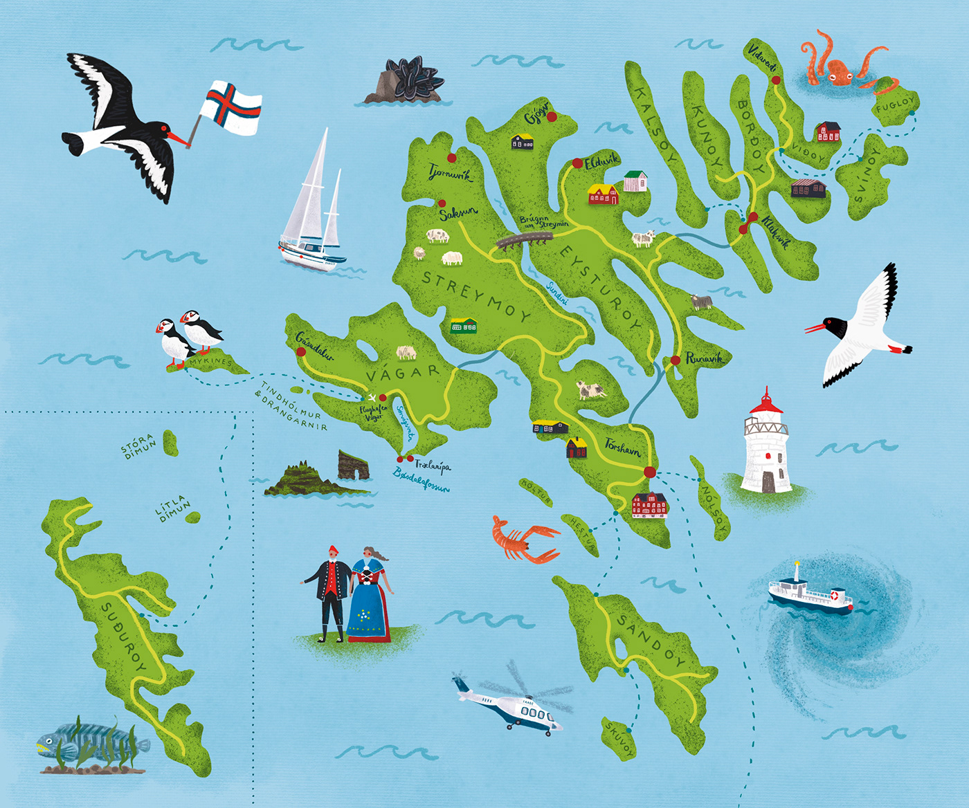 A colourful and detailed illustrated map of  the Faroe Islands