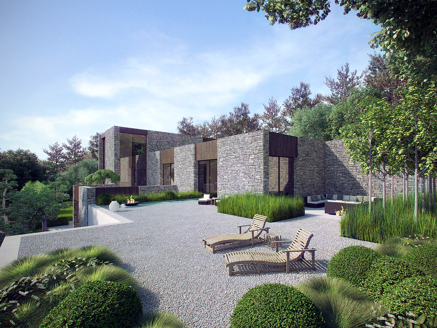 CGI CG house luxury Landscape green garden wood forest pine Render
