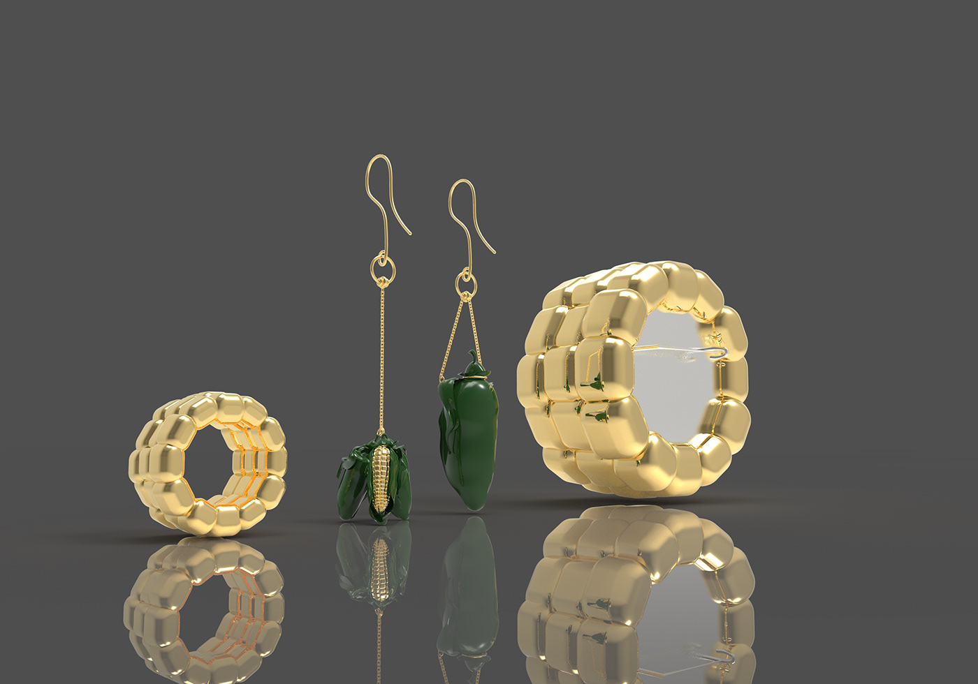 jewelry rendering 3d modeling corn food jewelry design adornment Rhino digital recreation