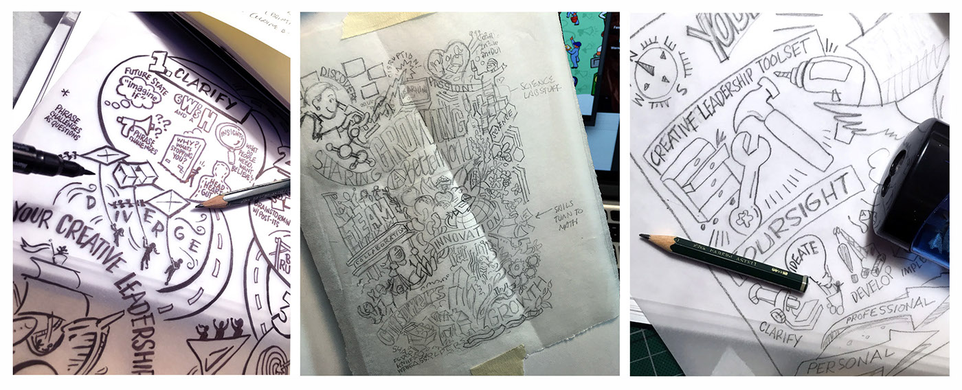 Details of preliminary sketches for poster designs.
