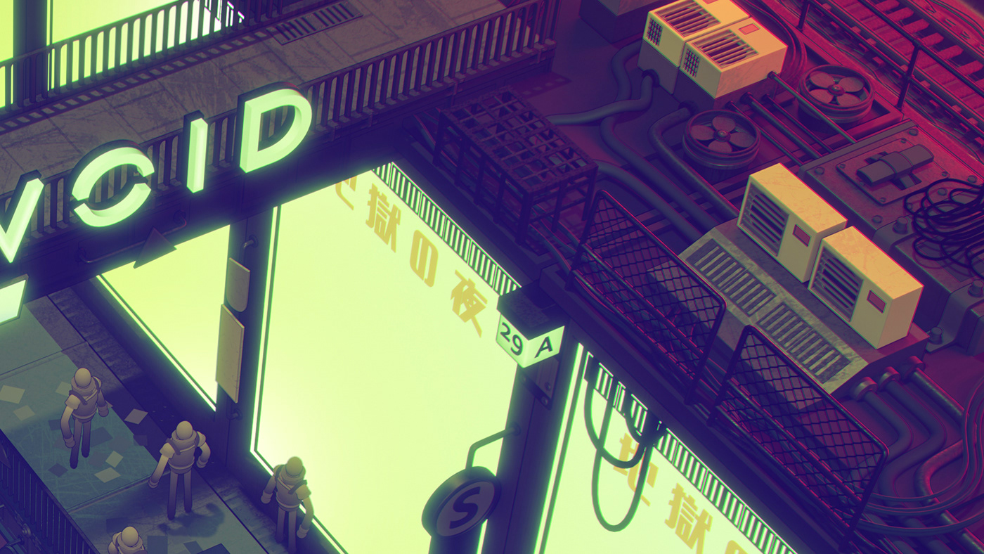 3D art blender Cyberpunk game Isometric neon pixel top down